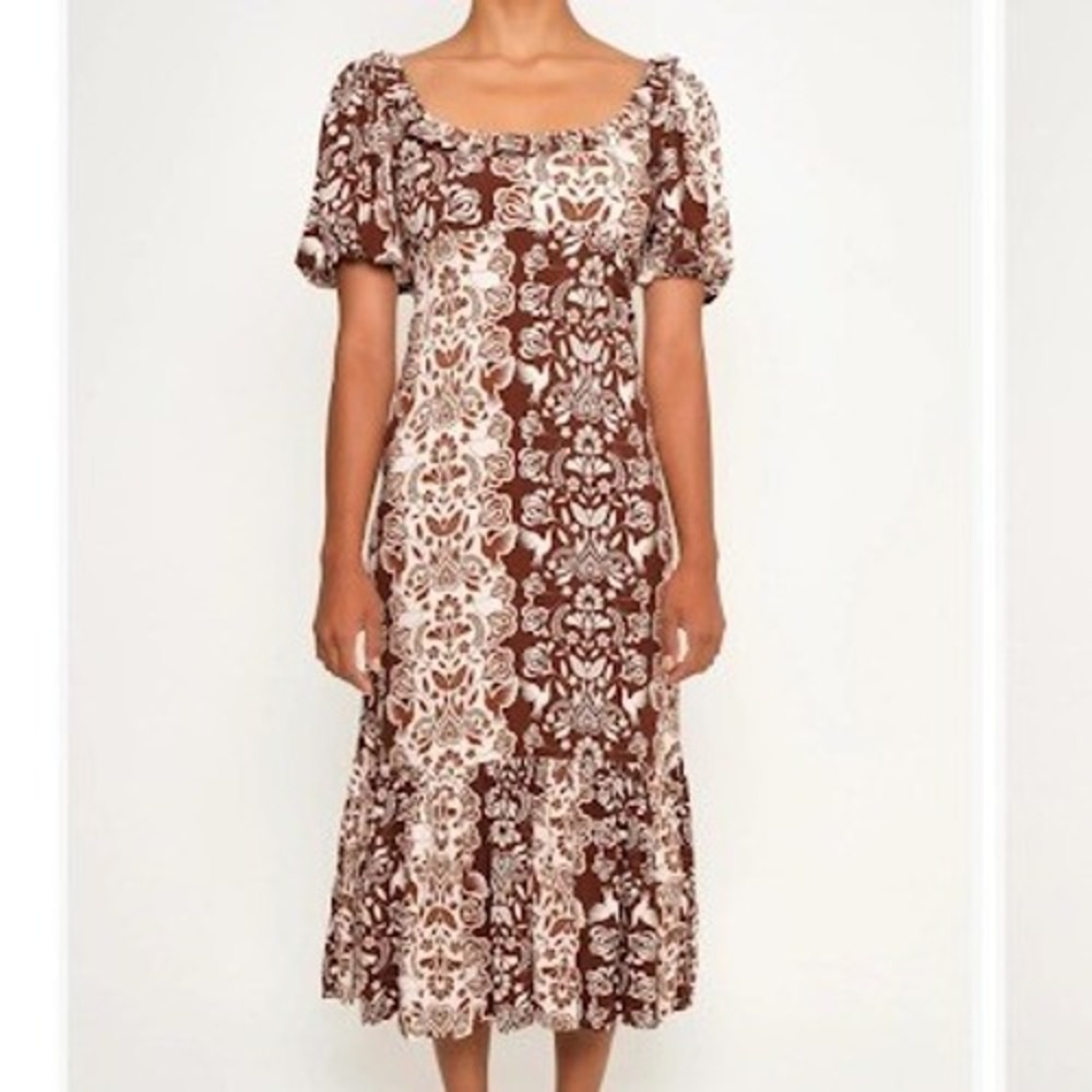 The Lulo Project The Signal Mixed Puff Sleeve Dress Brown Folk Paisley XS NEW